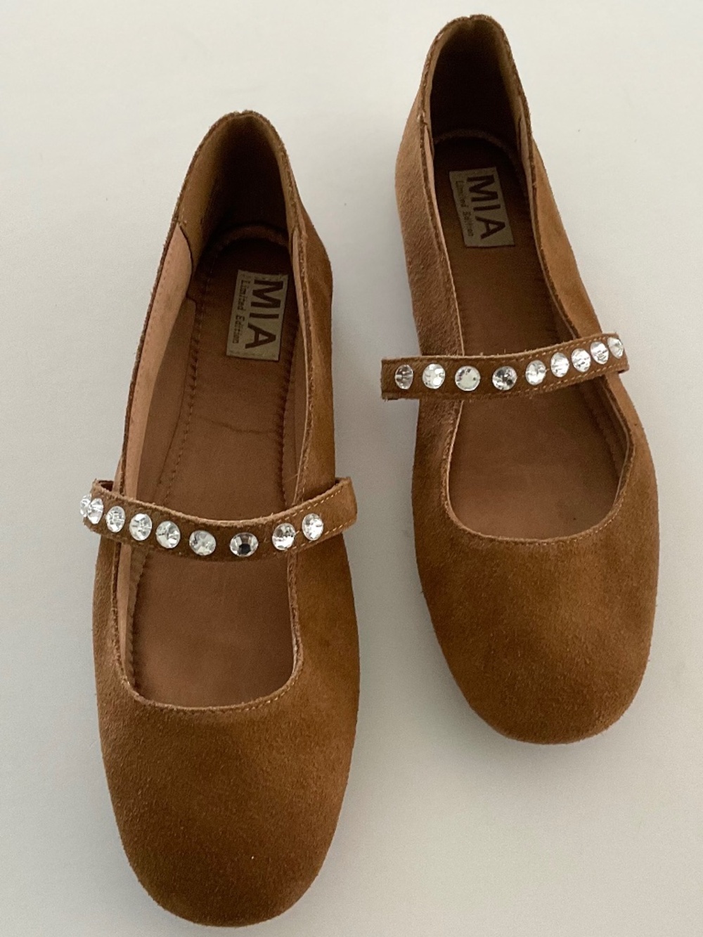 MIA Karolin Mary Jane Rhinestone Strap in Tan Suede Size 8